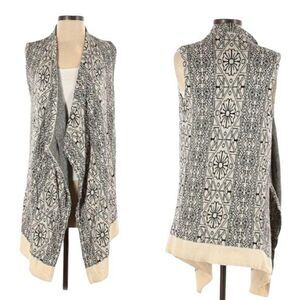Ecote Medallion‎ Aztec Sleeveless Waterfall Cardigan Vest Duster Cream Blk Sz XS